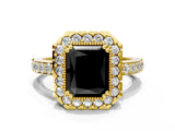 Yellow gold Fancy Black Radiant Cut Diamond Halo Ring with Pavé Band and Prong Setting