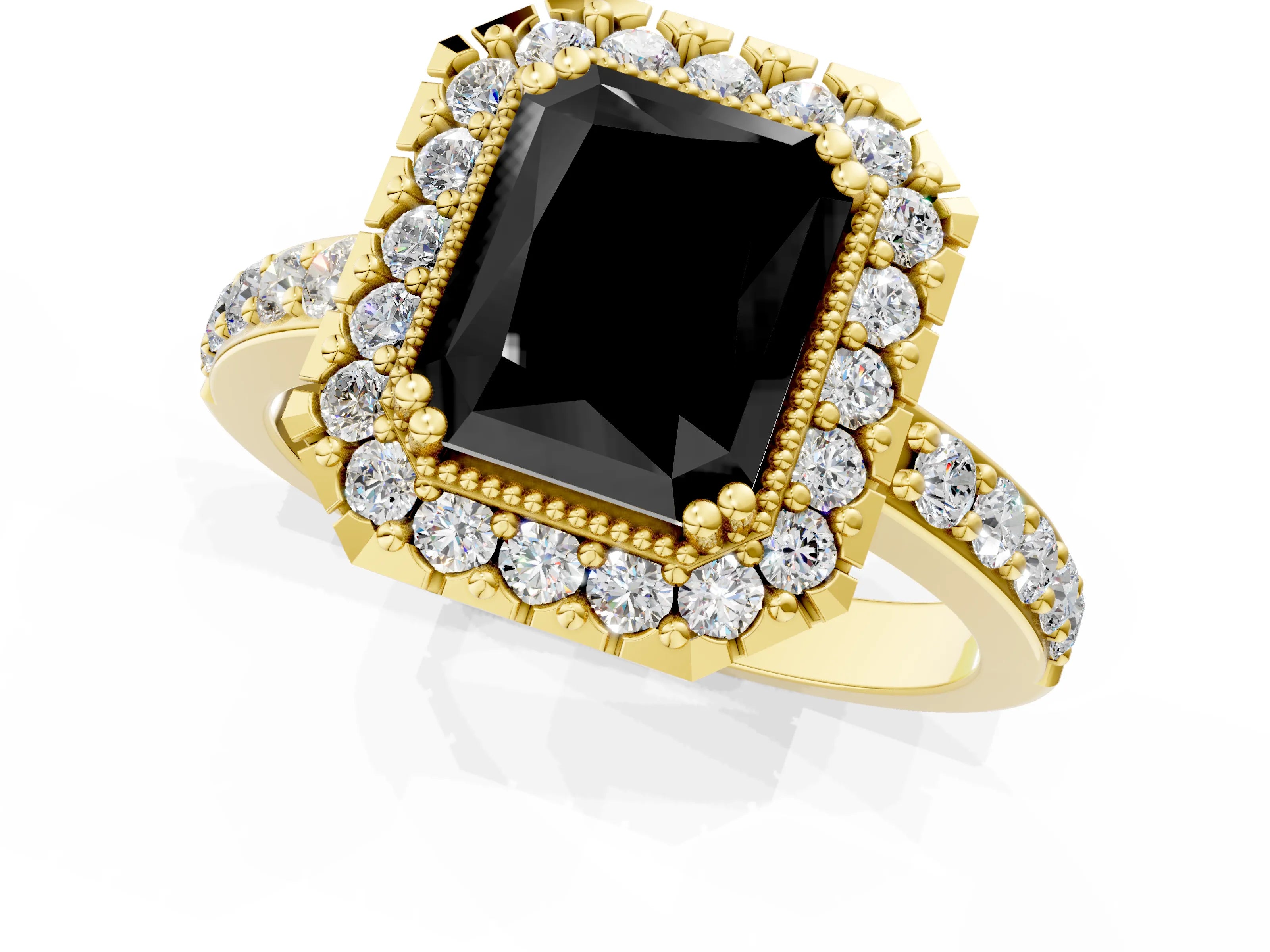 Yellow gold Fancy Black Radiant Cut Diamond Halo Ring with Pavé Band and Prong Setting_1