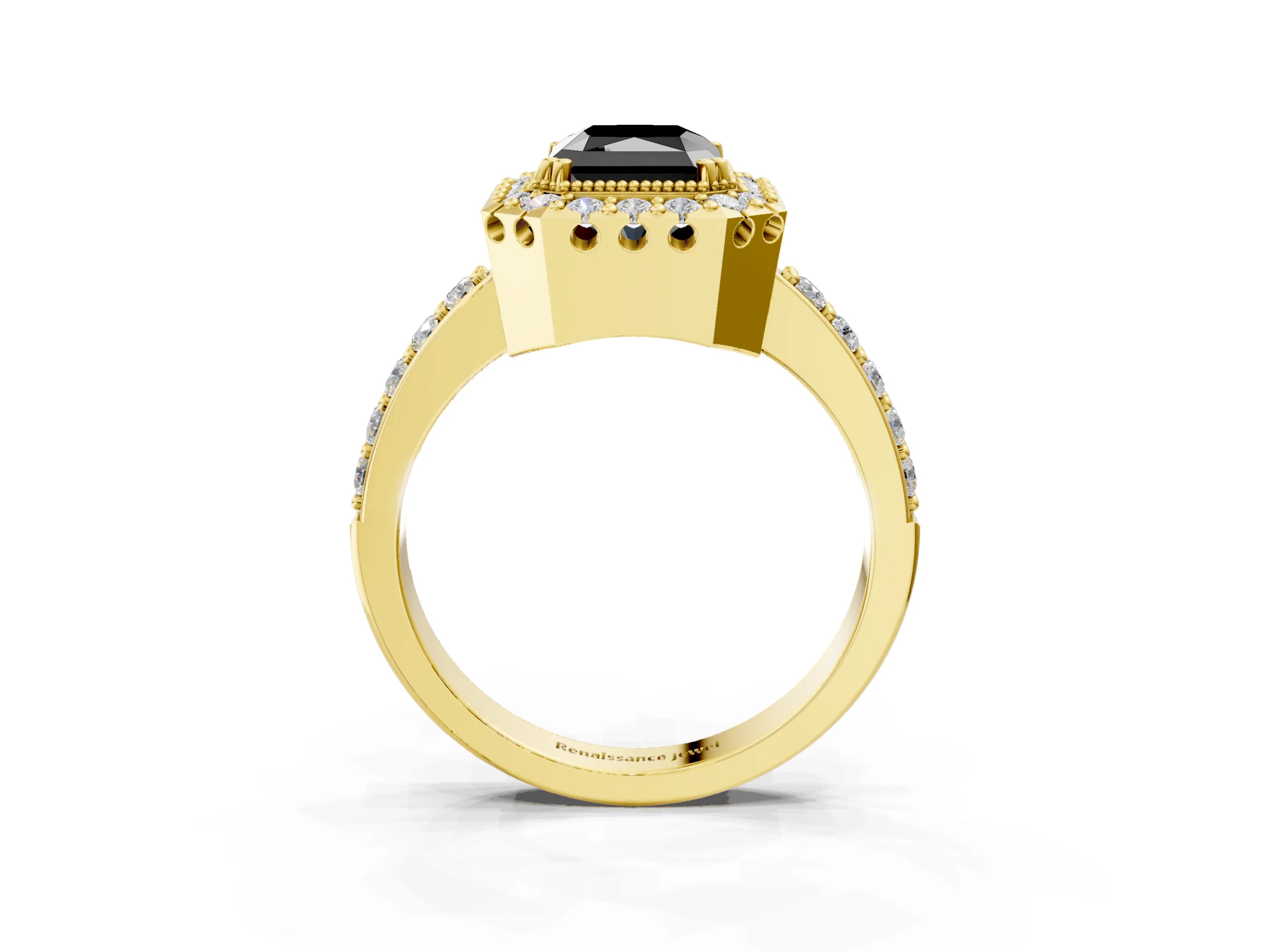 Yellow gold Fancy Black Radiant Cut Diamond Halo Ring with Pavé Band and Prong Setting_3