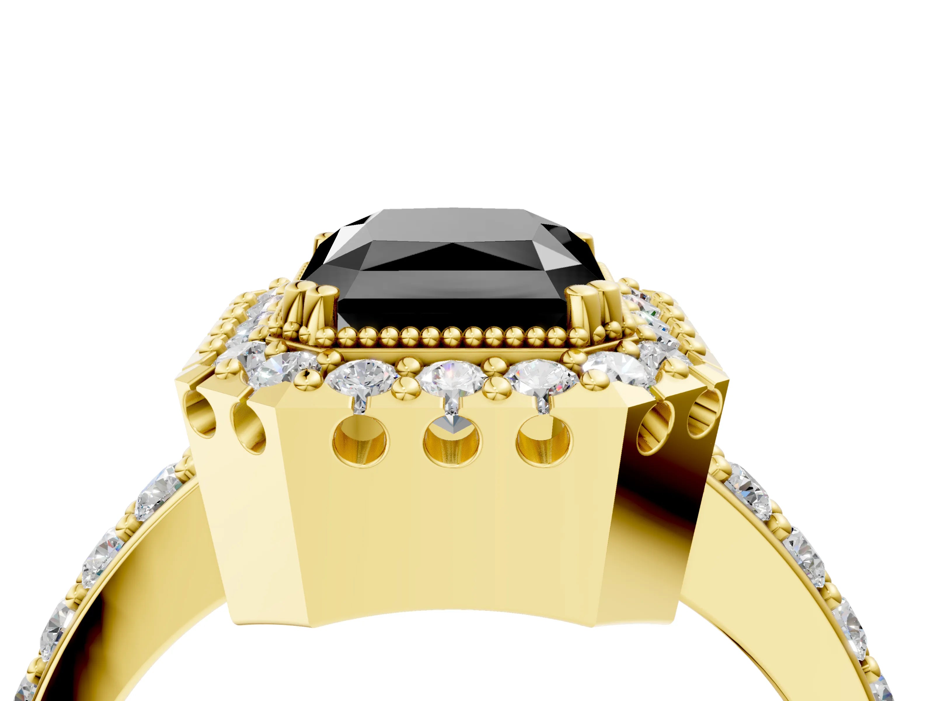 Yellow gold Fancy Black Radiant Cut Diamond Halo Ring with Pavé Band and Prong Setting_4