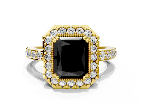 Yellow gold Fancy Black Radiant Cut Diamond Halo Ring with Pavé Band and Prong Setting