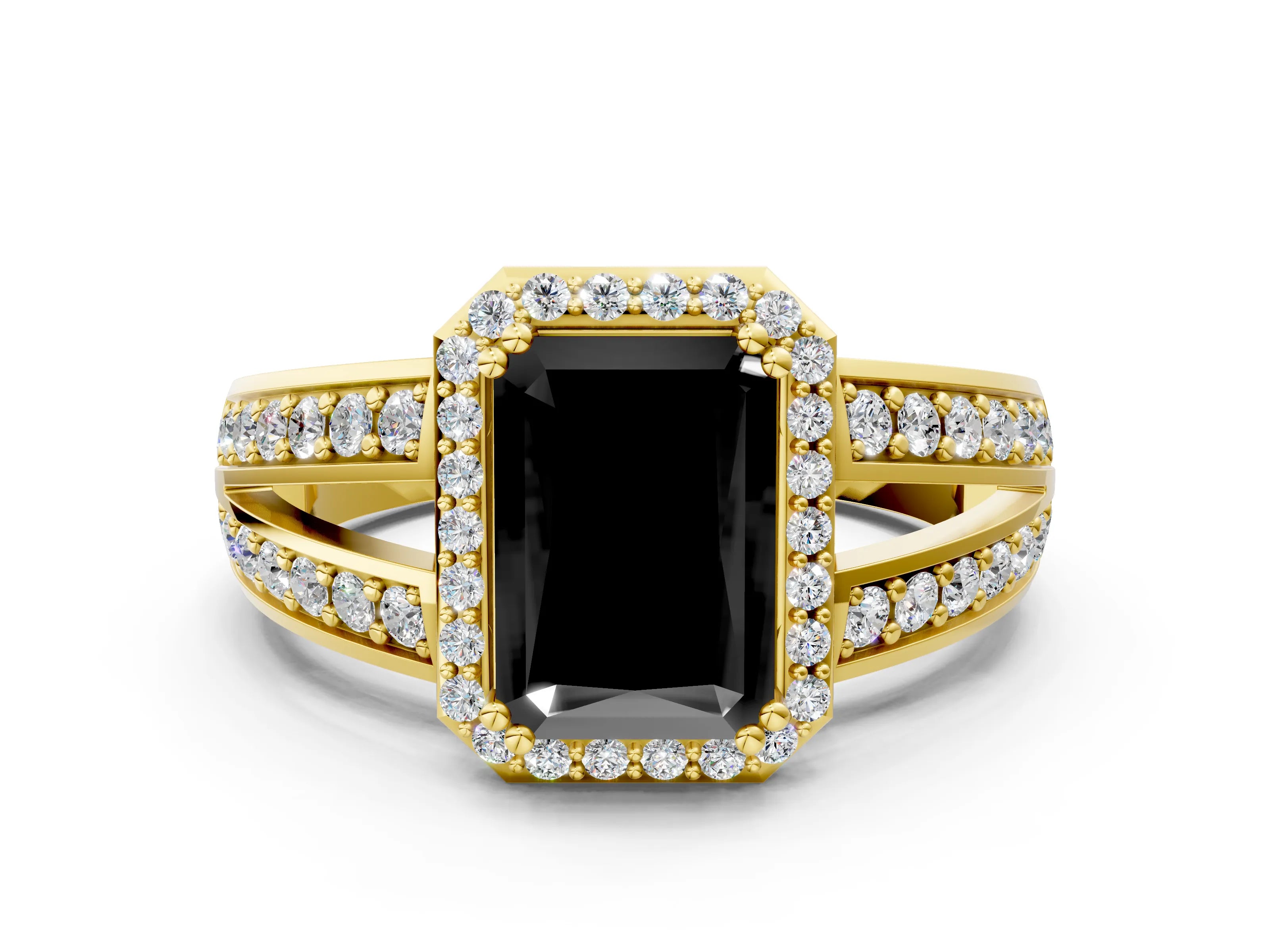 Yellow gold Fancy Black Radiant Cut Diamond Halo Ring with Split Shank Pavé Band and Four-Prong Setting