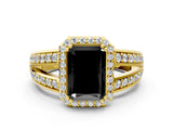 Yellow gold Fancy Black Radiant Cut Diamond Halo Ring with Split Shank Pavé Band and Four-Prong Setting