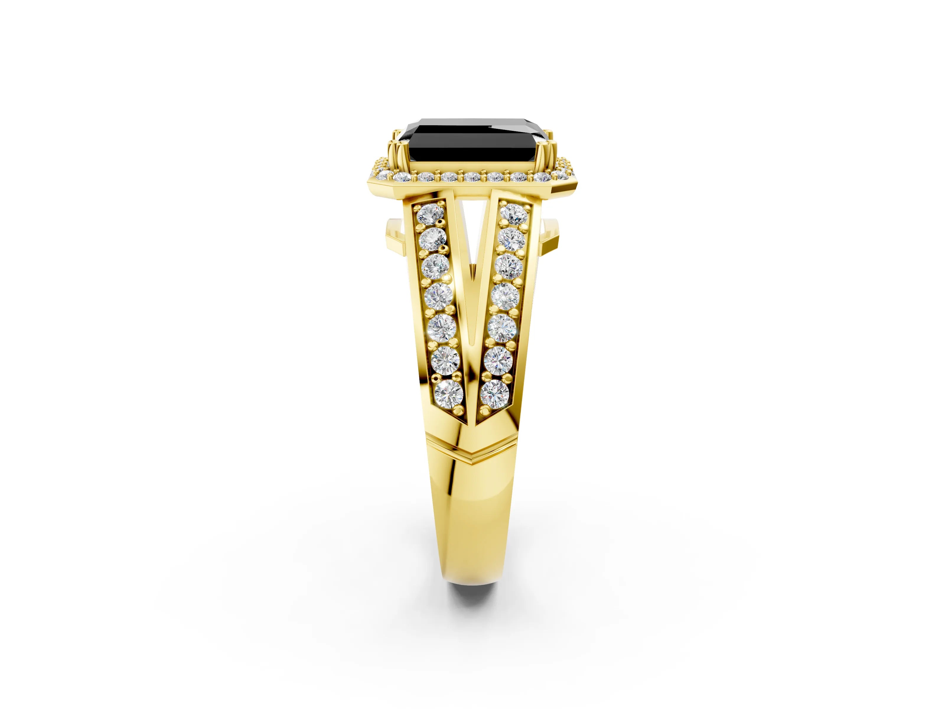 Yellow gold Fancy Black Radiant Cut Diamond Halo Ring with Split Shank Pavé Band and Four-Prong Setting_2
