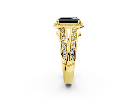 Yellow gold Fancy Black Radiant Cut Diamond Halo Ring with Split Shank Pavé Band and Four-Prong Setting_2