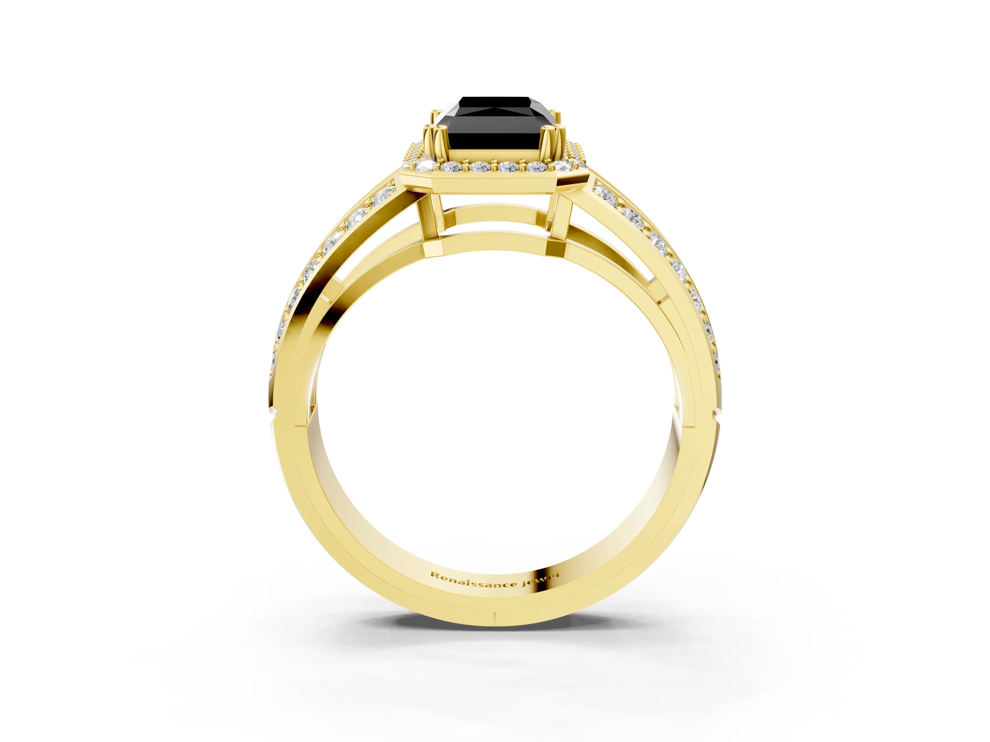 Yellow gold Fancy Black Radiant Cut Diamond Halo Ring with Split Shank Pavé Band and Four-Prong Setting_3
