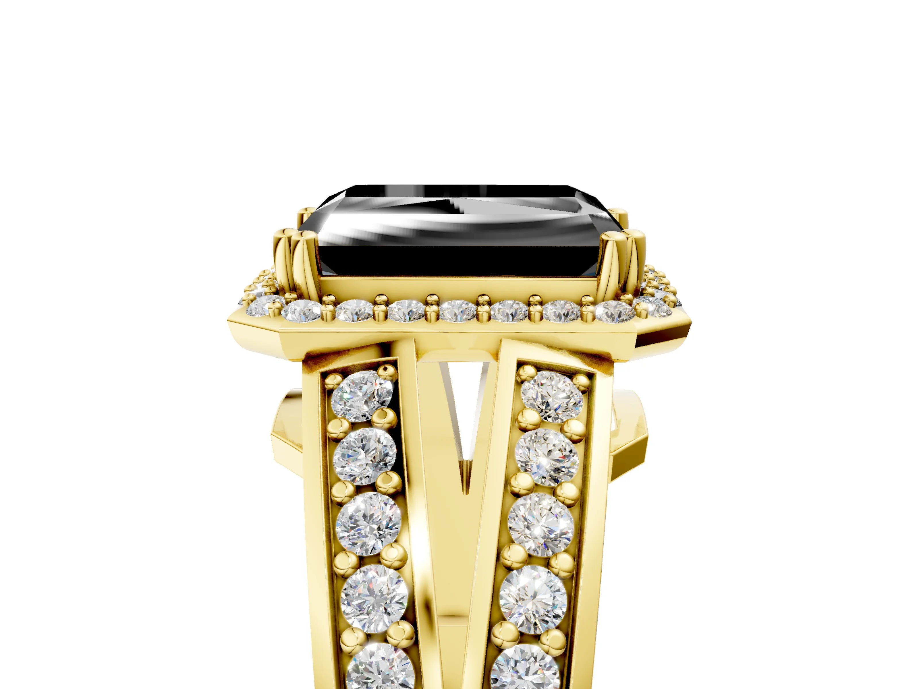 Yellow gold Fancy Black Radiant Cut Diamond Halo Ring with Split Shank Pavé Band and Four-Prong Setting_5
