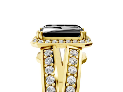 Yellow gold Fancy Black Radiant Cut Diamond Halo Ring with Split Shank Pavé Band and Four-Prong Setting_5
