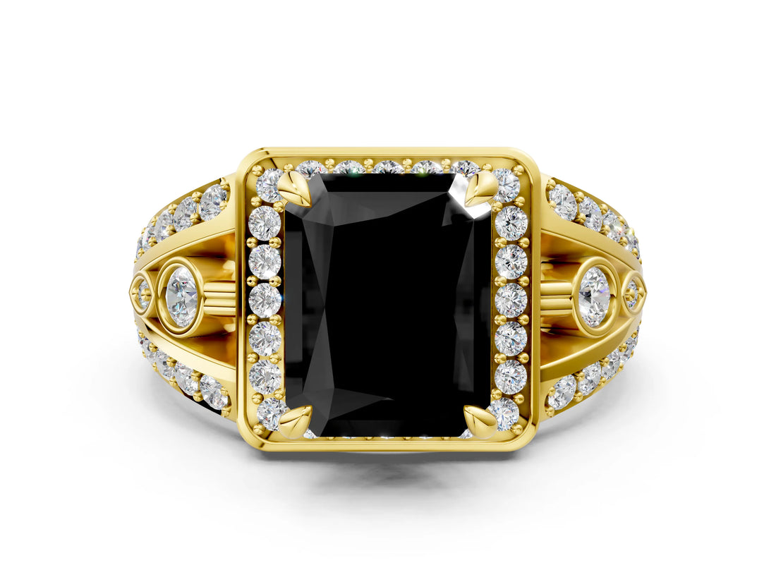 Yellow gold Fancy Black Radiant Cut Diamond Halo Ring with Split Shank and Bezel Accents and Four-Prong Setting