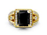 Yellow gold Fancy Black Radiant Cut Diamond Halo Ring with Split Shank and Bezel Accents and Four-Prong Setting