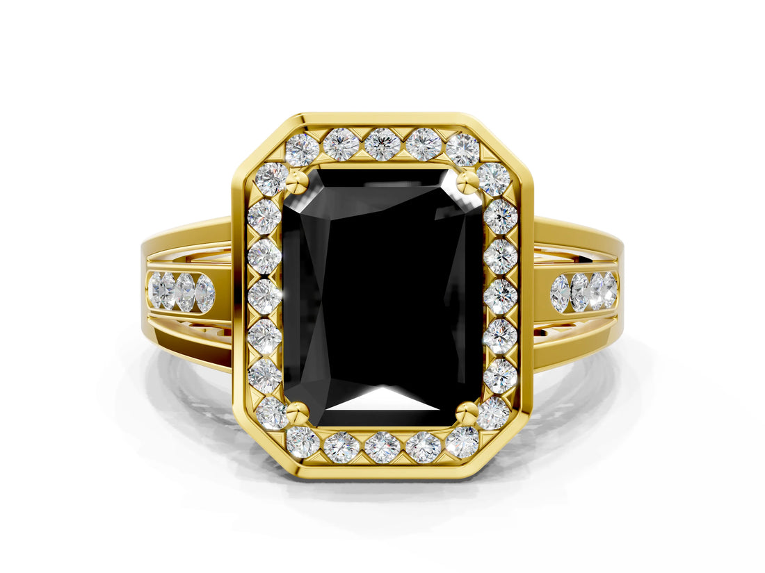 Yellow gold Fancy Black Radiant Cut Diamond Halo Ring with Split Shank and Bezel Accents and Prong Setting
