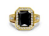 Yellow gold Fancy Black Radiant Cut Diamond Halo Ring with Split Shank and Bezel Accents and Prong Setting