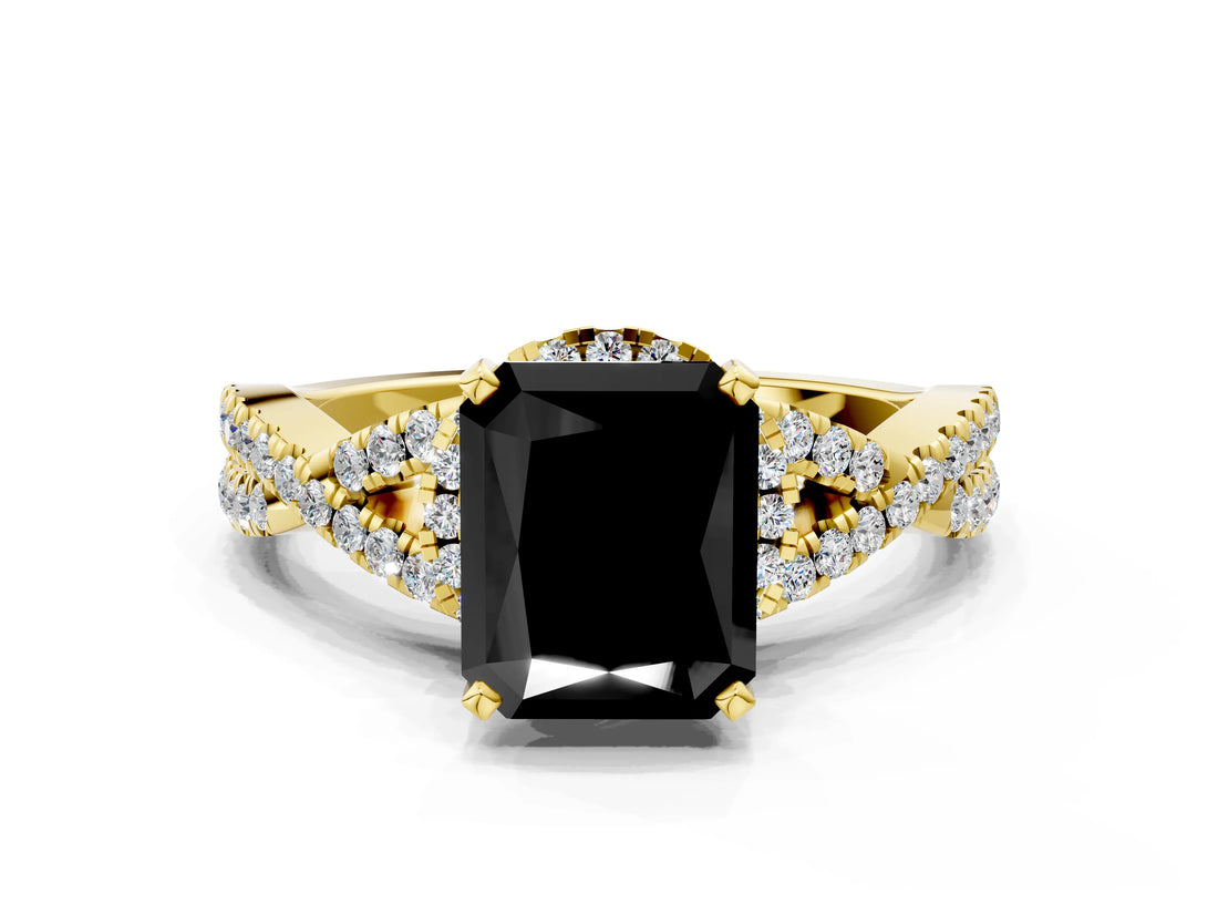 Yellow gold Fancy Black Radiant Cut Diamond Halo Twist Band Solitaire Prong Setting Ring