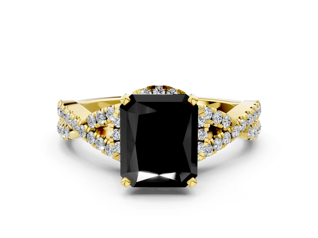Yellow gold Fancy Black Radiant Cut Diamond  Halo Twist Band Solitaire Prong Setting Ring_42