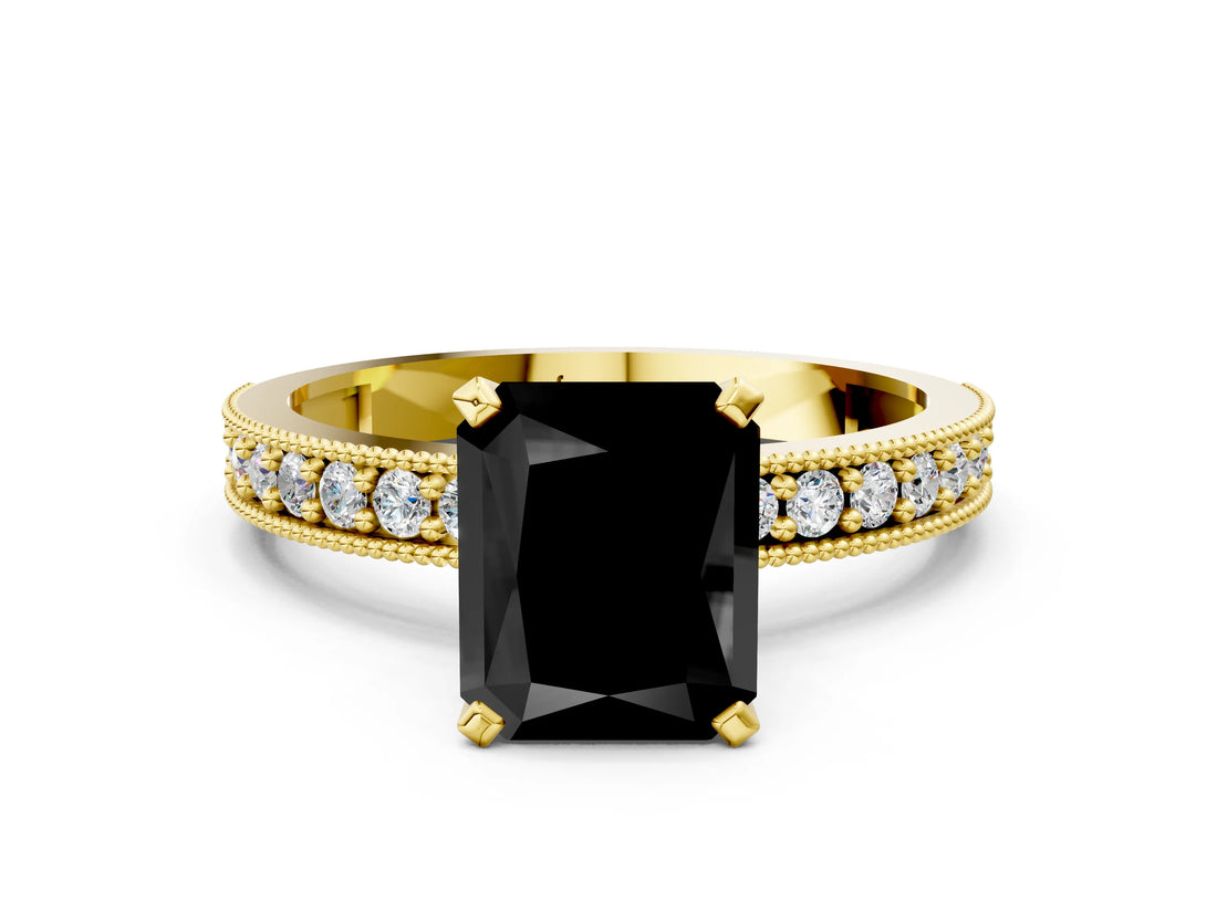 Yellow gold Fancy Black Radiant Cut Diamond Milgrain Pavé Engagement Ring with Four-Prong Setting