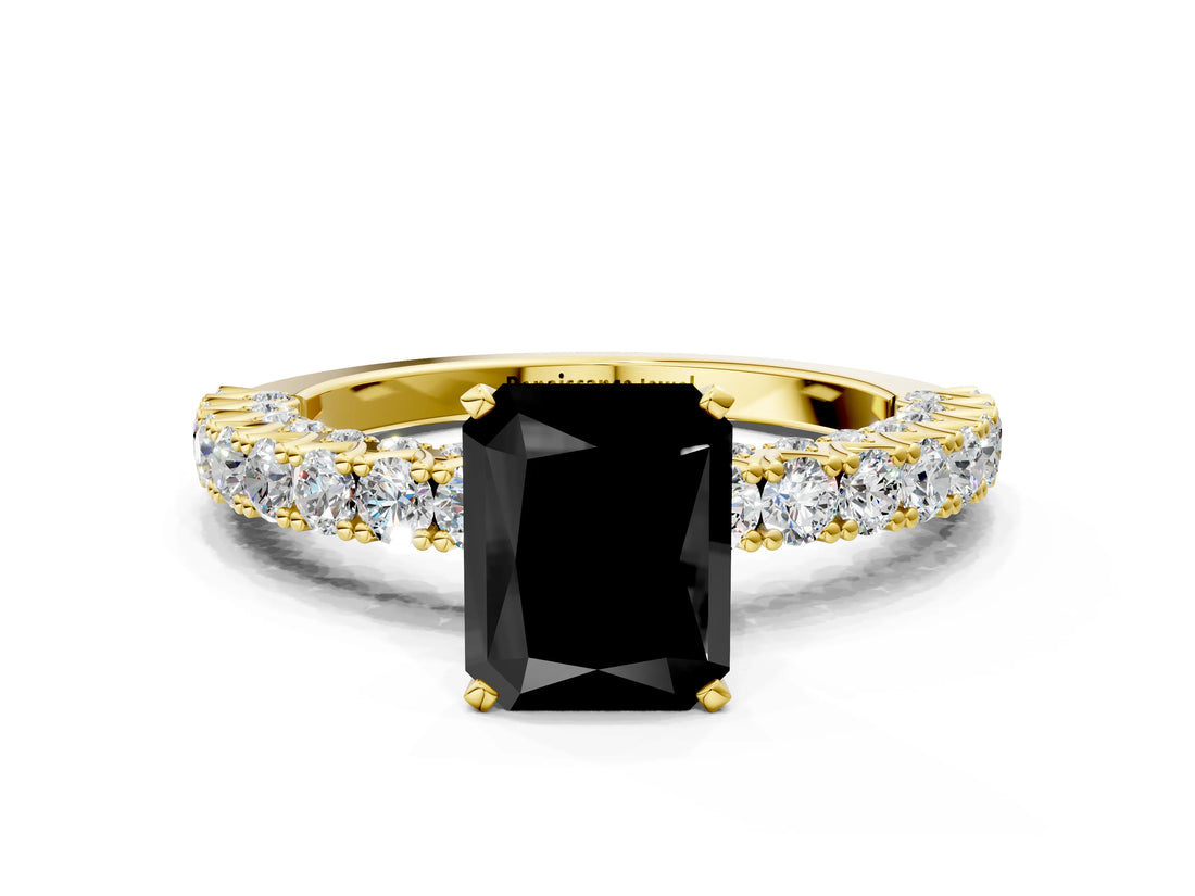 Yellow gold Fancy Black Radiant Cut Diamond Pavé Band Solitaire Ring with Four-Prong Setting