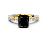 Yellow gold Fancy Black Radiant Cut Diamond Pavé Band Solitaire Ring with Four-Prong Setting