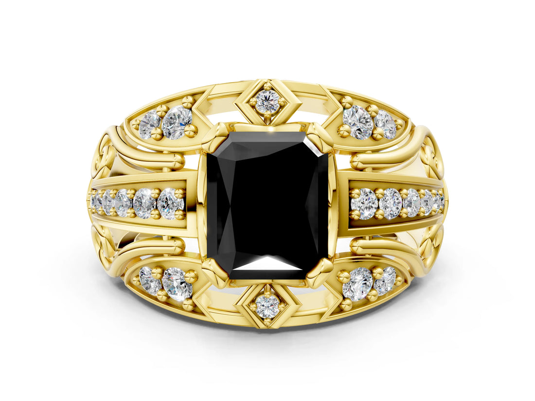 Yellow gold Fancy Black Radiant Cut Diamond Pave Art Deco Split Shank Ring with Four-Prong Setting