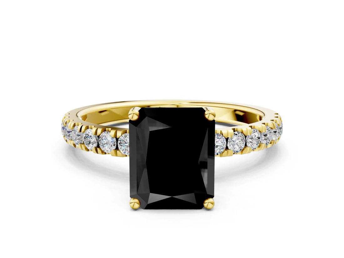 Yellow gold Fancy Black Radiant Cut Diamond Pave Band Solitaire Ring with Four-Prong Setting_12