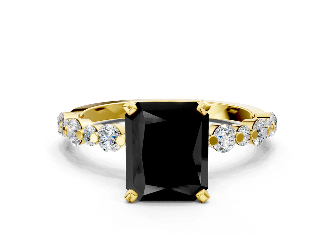Yellow gold Fancy Black Radiant Cut Diamond Prong Set Engagement Ring with Pave Band