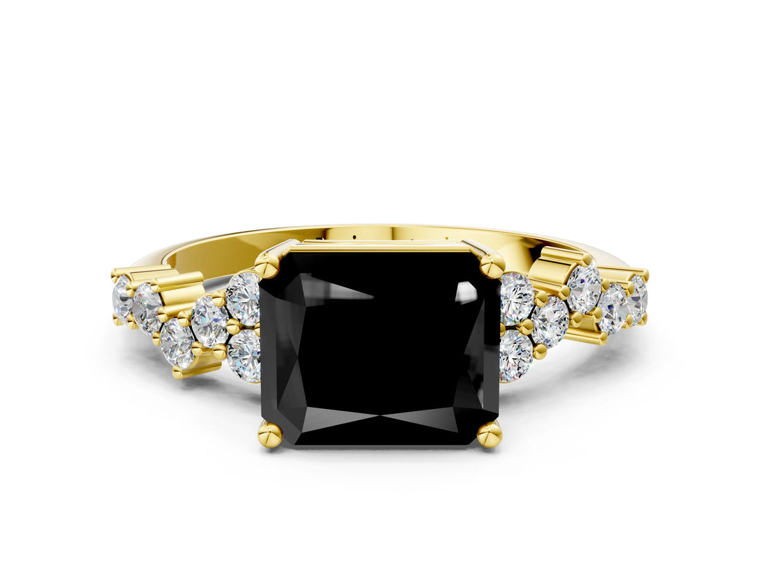 Yellow gold Fancy Black Radiant Cut Diamond Scattered Round Accent Ring with Prong Setting_12