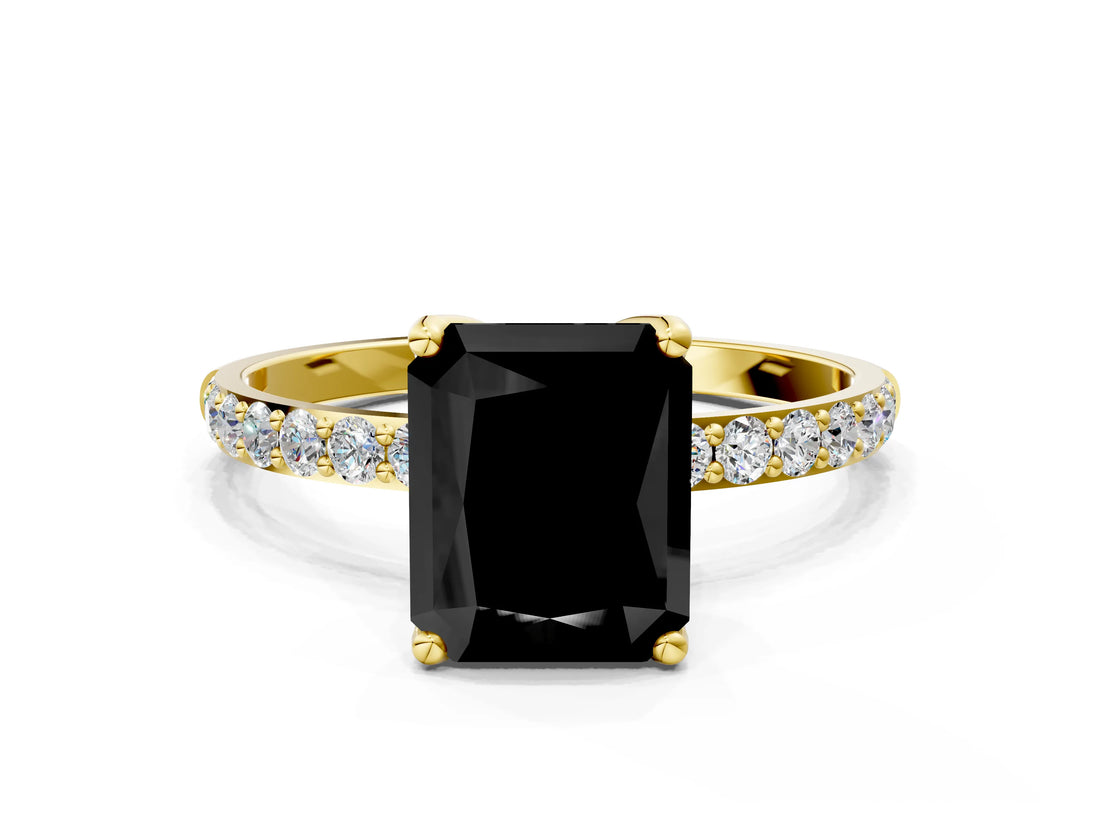 Yellow gold Fancy Black Radiant Cut Diamond Solitaire Engagement Ring with Pavé Band and Prong Setting