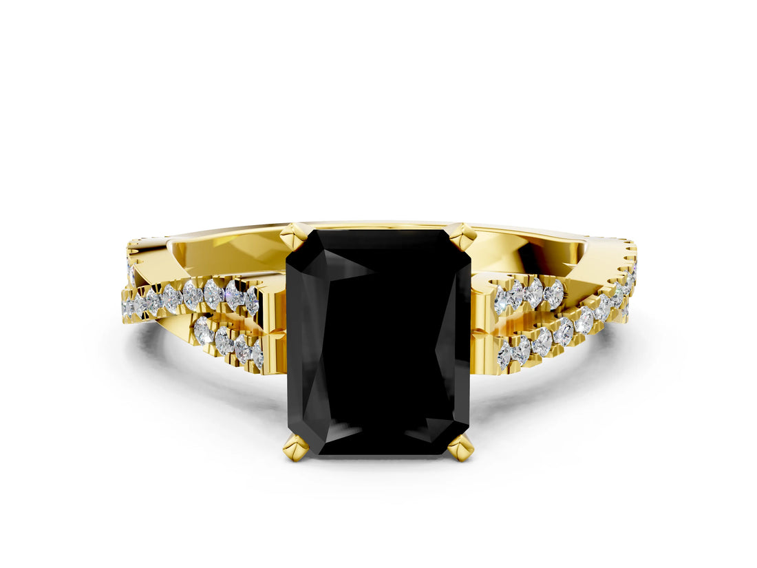 Yellow gold Fancy Black Radiant Cut Diamond Solitaire Engagement Ring with Twisted Pavé Band and Four-Prong Setting_36