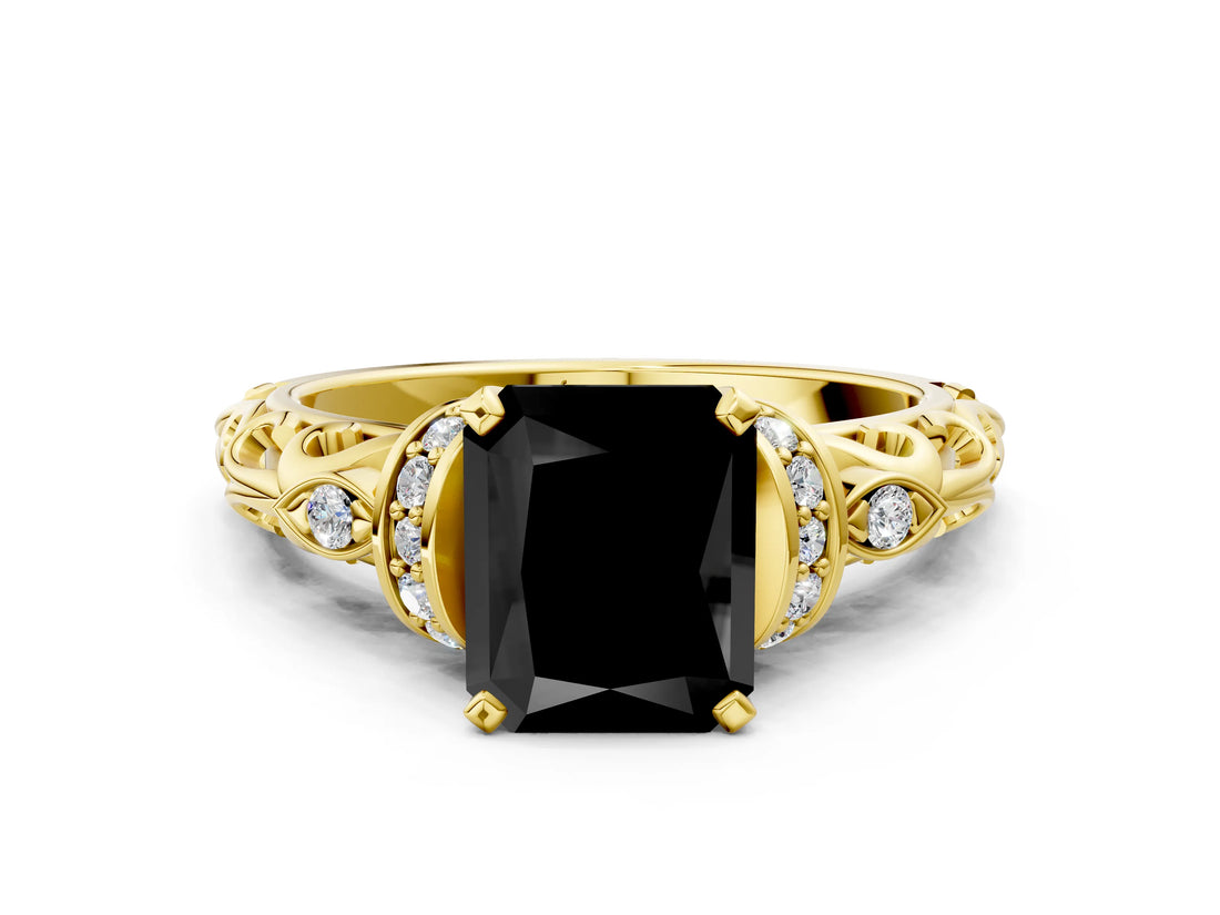 Yellow gold Fancy Black Radiant Cut Diamond Solitaire Ring with Filigree Band and Four-Prong Setting