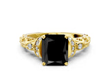 Yellow gold Fancy Black Radiant Cut Diamond Solitaire Ring with Filigree Band and Four-Prong Setting