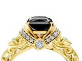 Yellow gold Fancy Black Radiant Cut Diamond Solitaire Ring with Filigree Band and Four-Prong Setting_4
