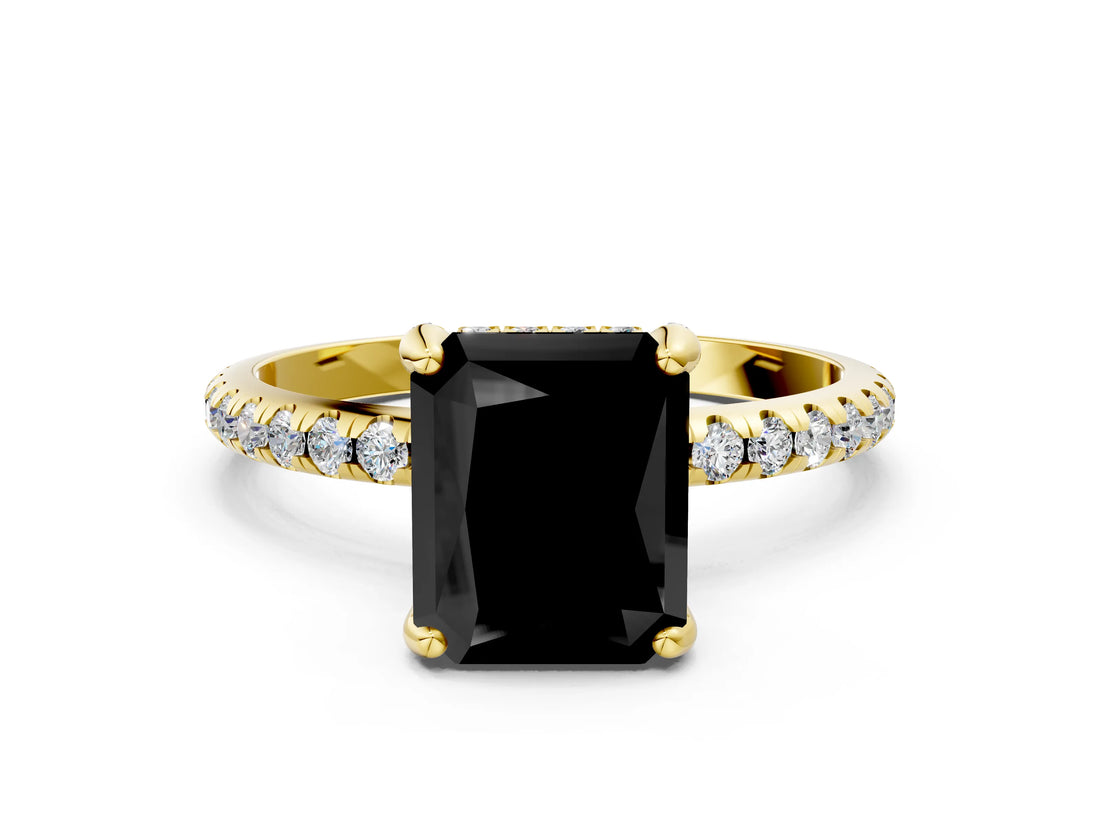 Yellow gold Fancy Black Radiant Cut Diamond Solitaire Ring with Four-Prong Setting and Pavé Band_3