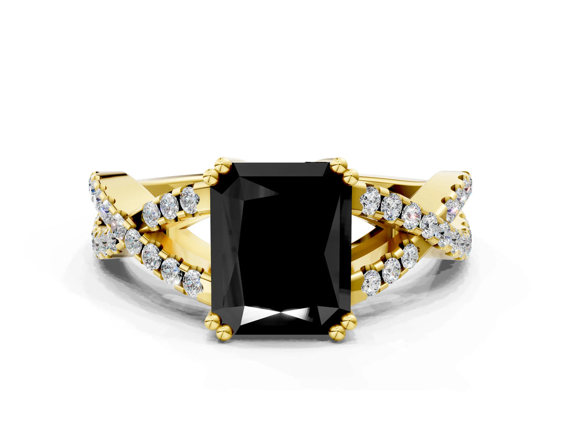 Yellow gold Fancy Black Radiant Cut Diamond Solitaire Ring with Four-Prong Setting and Twisted Pavé Band