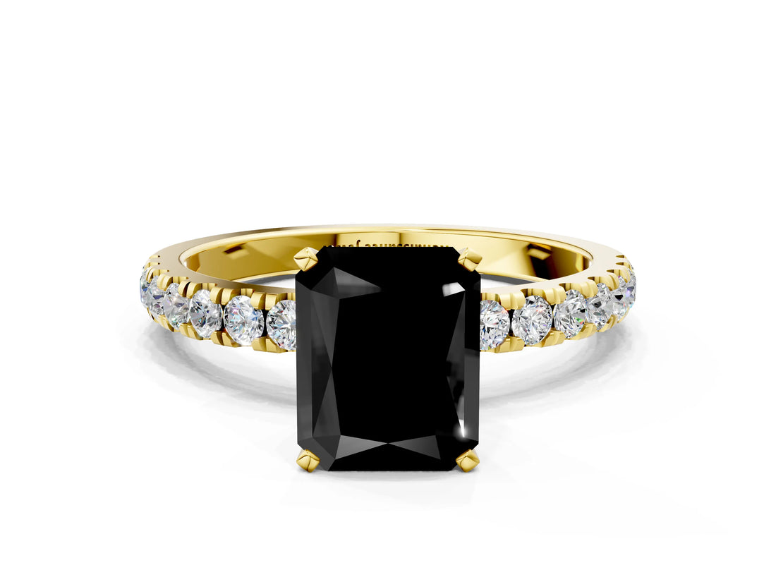 Yellow gold Fancy Black Radiant Cut Diamond Solitaire Ring with Pavé Accents and Four-Prong Setting