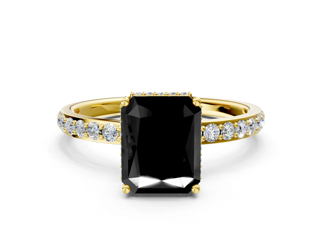 Yellow gold Fancy Black Radiant Cut Diamond Solitaire Ring with Pavé Band and Hidden Halo_12