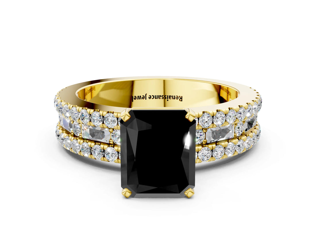 Yellow gold Fancy Black Radiant Cut Diamond Solitaire Ring with Pavé and Channel Set Band