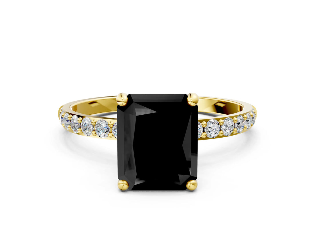 Yellow gold Fancy Black Radiant Cut Diamond Solitaire Ring with Pave Band and Four Prong Setting_12