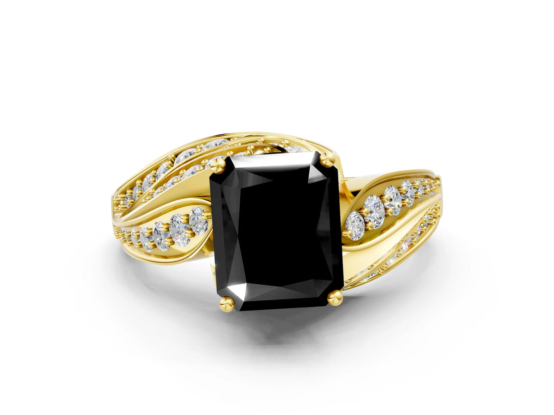 Yellow gold Fancy Black Radiant Cut Diamond Solitaire Ring with Prong Setting and Twisted Pavé Band