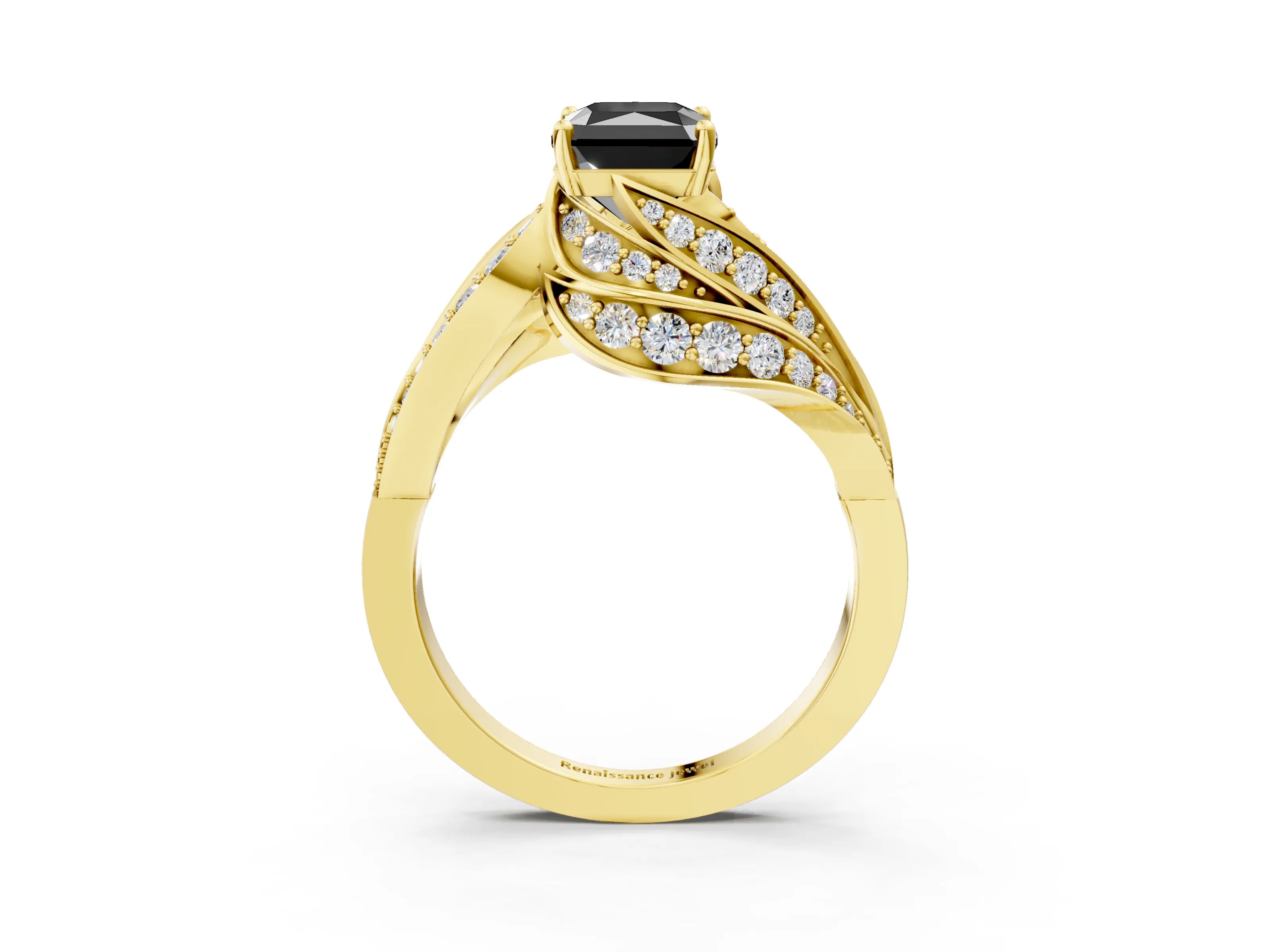 Yellow gold Fancy Black Radiant Cut Diamond Solitaire Ring with Prong Setting and Twisted Pavé Band_3