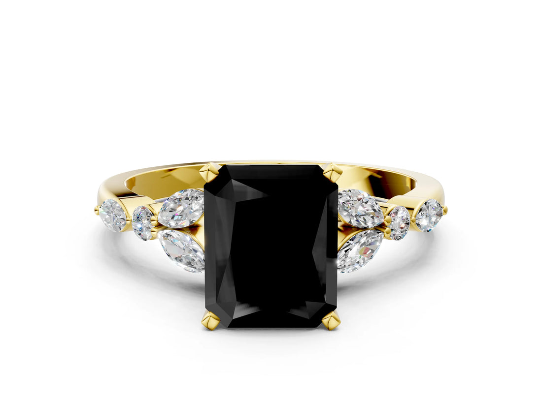 Yellow gold Fancy Black Radiant Cut Diamond Solitaire Ring with Side Stones and Four-Prong Setting_12
