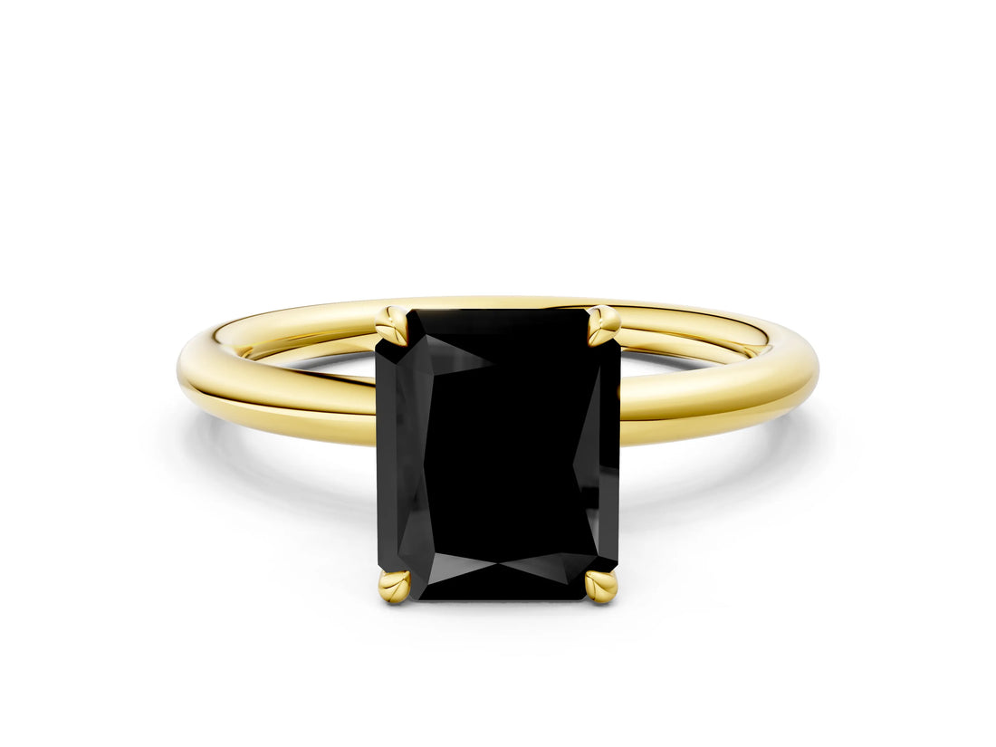 Yellow gold Fancy Black Radiant Cut Diamond Solitaire Ring with Thin Band and Four-Prong Setting