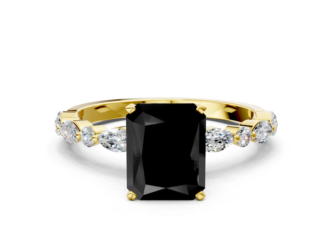 Yellow gold Fancy Black Radiant Cut Diamond Solitaire with Side Stones on a Pavé Band and Four-Prong Setting