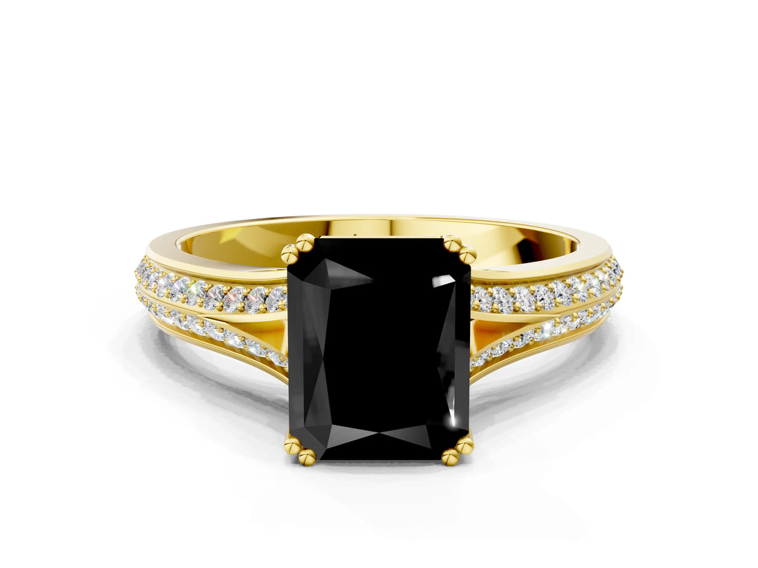 Yellow gold Fancy Black Radiant Cut Diamond Split Shank Engagement Ring with Pavé Band