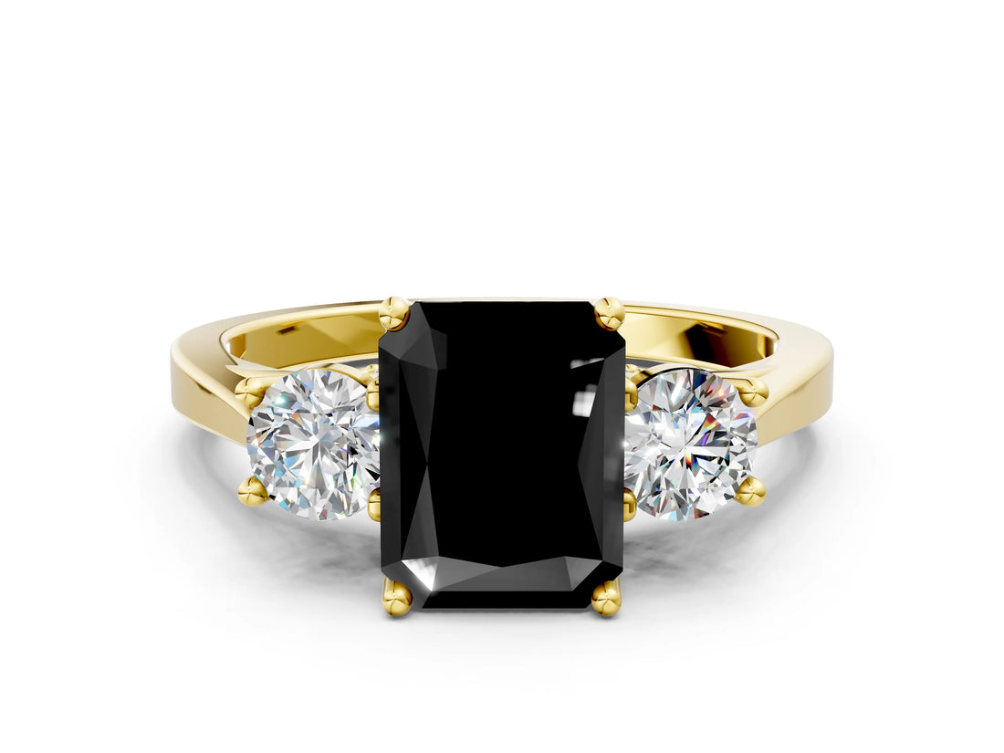 Yellow gold Fancy Black Radiant Cut Diamond Three-Stone Engagement Ring with Prong Setting and Pavé Band