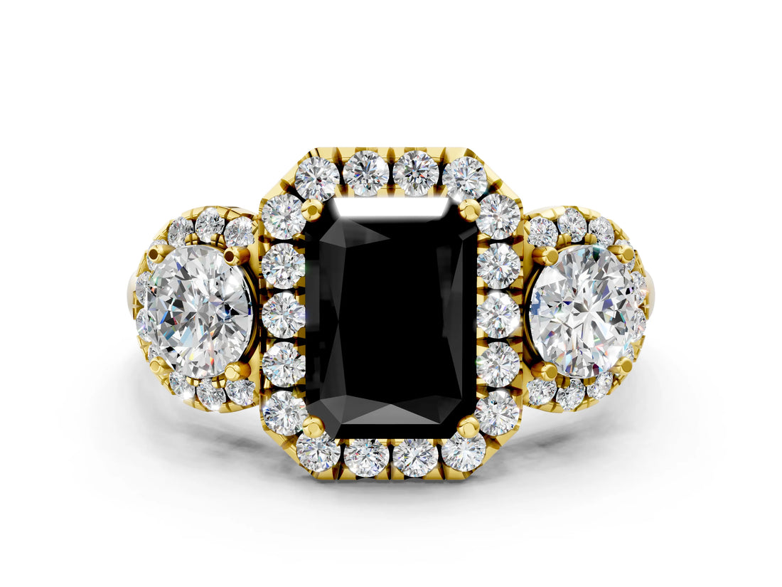 Yellow gold Fancy Black Radiant Cut Diamond Three-Stone Halo Ring with Prong Setting and Pavé Accents