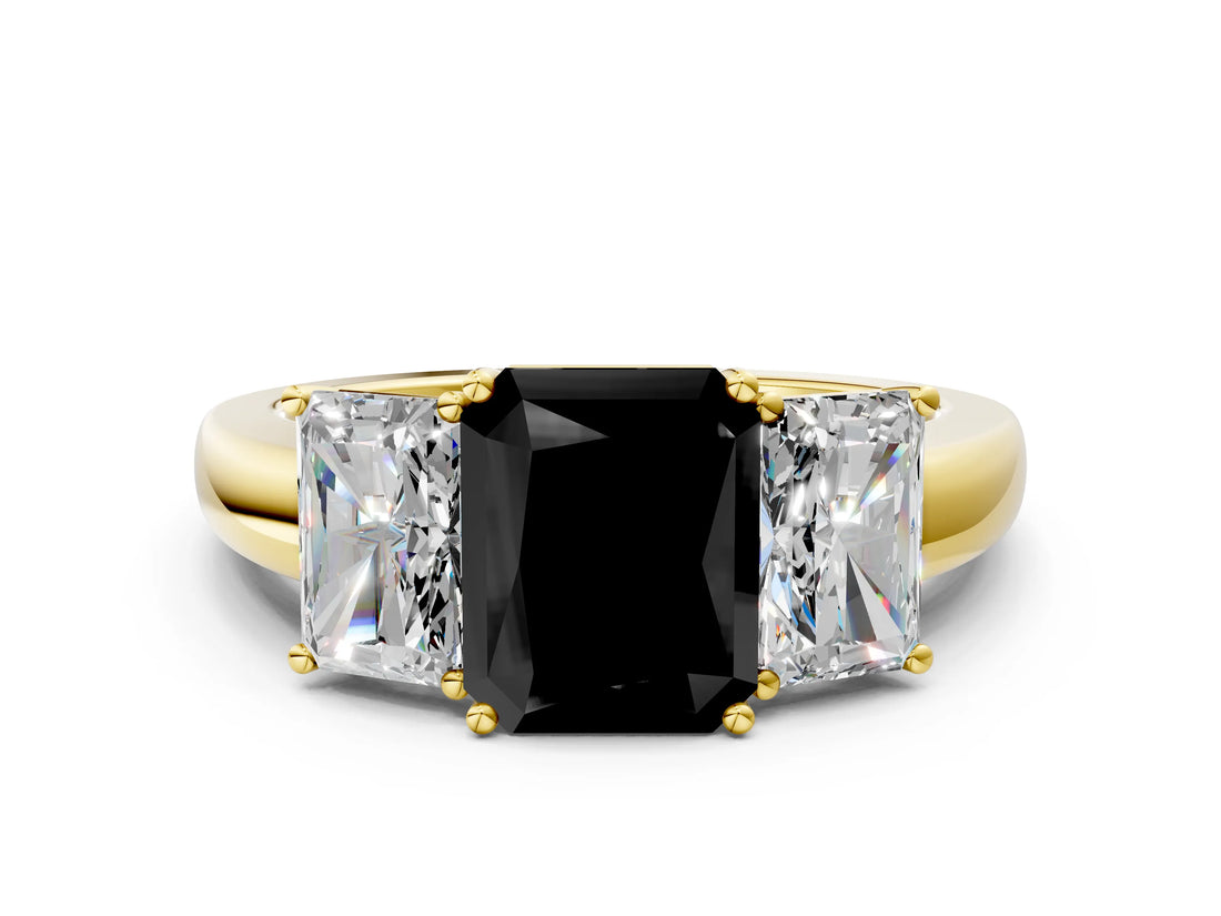 Yellow gold Fancy Black Radiant Cut Diamond Three-Stone Ring with Four-Prong Setting and Classic Band