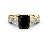 Yellow gold Fancy Black Radiant Cut Diamond Three-Stone Ring with Pavé Split Shank and Four-Prong Setting