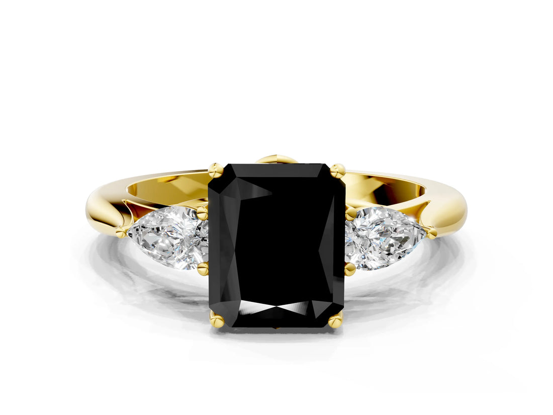 Yellow gold Fancy Black Radiant Cut Diamond Three-Stone Ring with Pear Side Stones and Four-Prong Setting_24