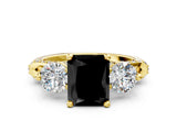 Yellow gold Fancy Black Radiant Cut Diamond Three-Stone Ring with Prong Setting and Pavé Band