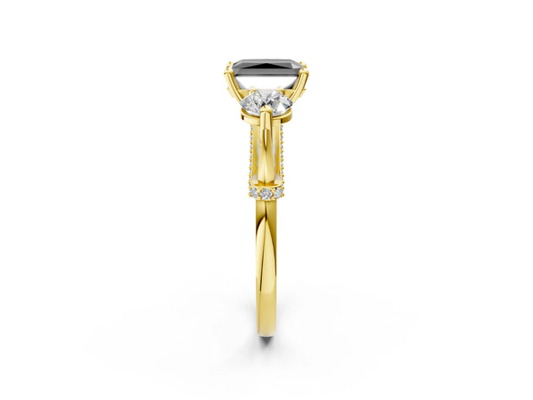 Yellow Gold Radiant Cut Curved Pave Three Stone Engagement Ring Setting for Black Center