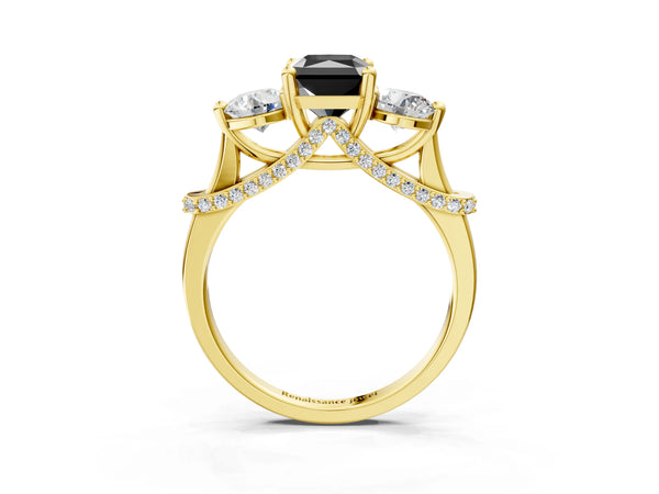 Yellow Gold Radiant Cut Curved Pave Three Stone Engagement Ring Setting for Black Center
